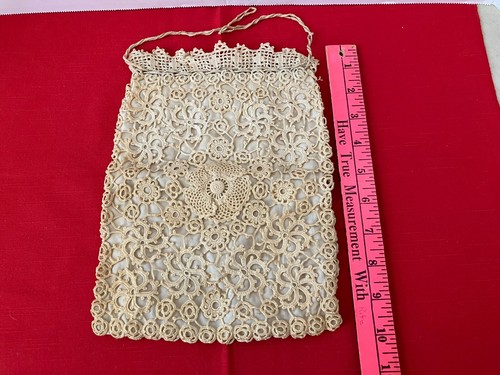 VINTAGE TATTED CROCHETED HANDMADE DRAWSTRING PURSE BAG Lined 1930’s - Picture 9 of 10