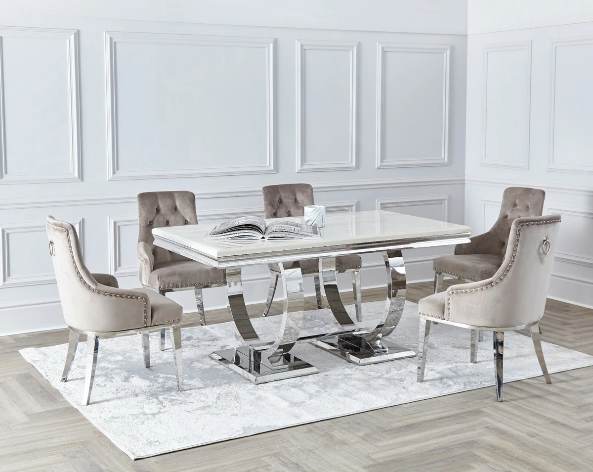 Arianna Dining Room SET Knocker Back Chairs Cream Grey Marble