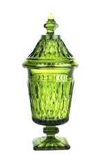 Indiana Glass Green Footed Lidded Candy Dish Hex Optic Midcentury 9.75 x 4"