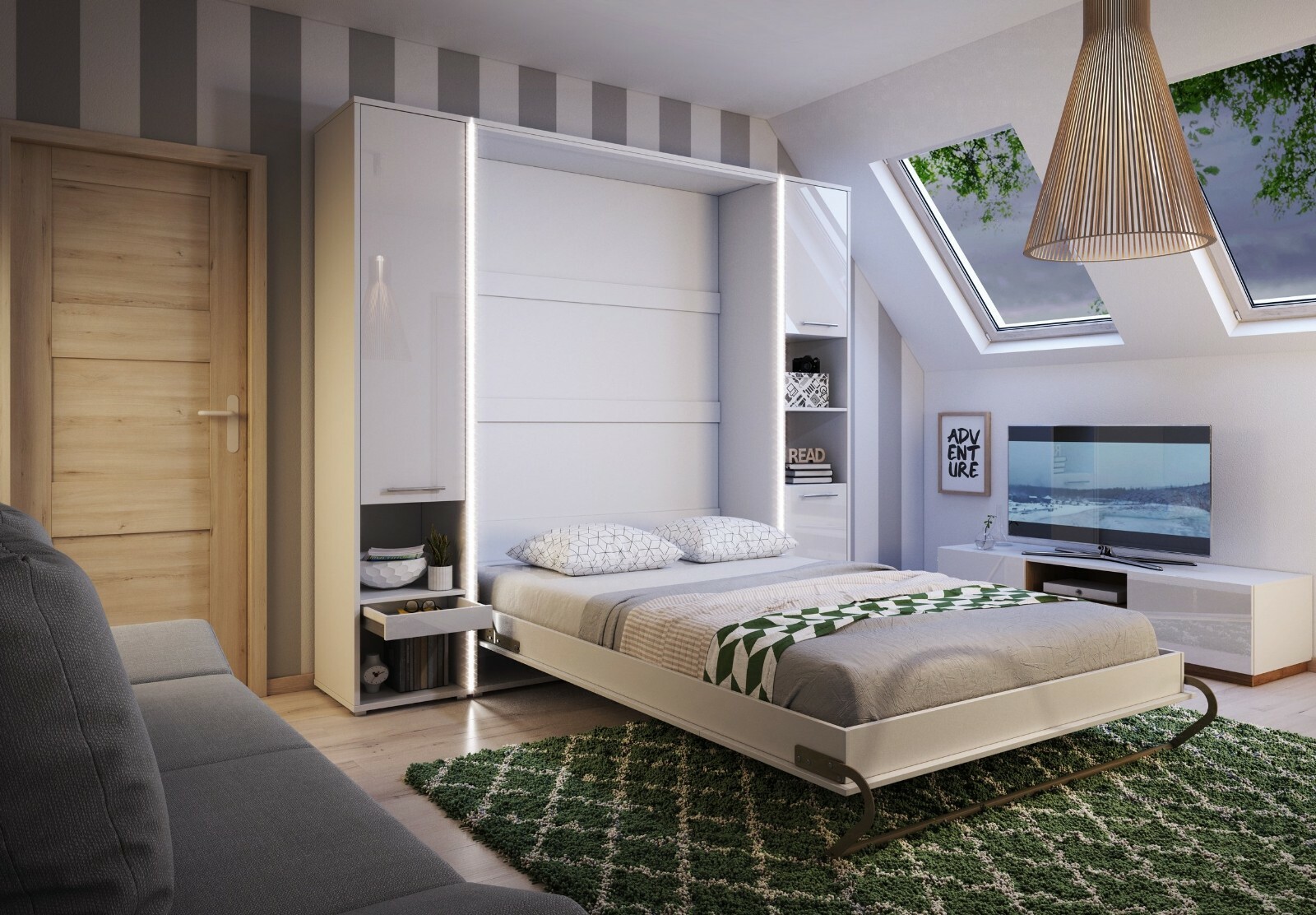 Arthauss Vertical Wall Hidden Pull Out Small Double Bed 120cm White Gloss & LED CP02, Hidden Bed Perfect for Small Rooms, Fold Down Bed with Two Multifunctional Cabinets, Space Efficient Hideaway Bed 11 Modern Vertical Wall Hidden Pull Out Double Storage Beds White Matt