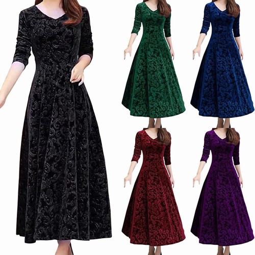 Women Half Sleeve Velvet Stretchy Long Dress V-Neck Prom Gown Bridesmaid Wedding
