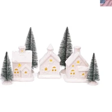 Unglazed Porcelain Pre Lit LED Cozy Knit Winter Village with Trees, 7 Piece T...
