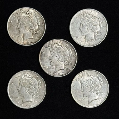 5 Lot - 1922 D Peace Dollars - AU Condition - 90% Silver 1 Dollar Pieces