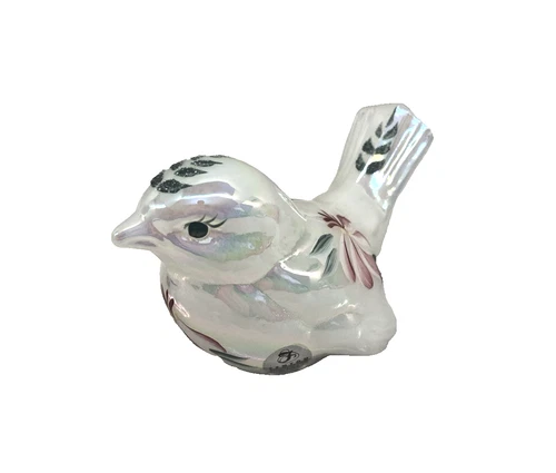 Fenton White Iridescent Art Glass Song Bird Hand Painted Signed S. Smith Sticker