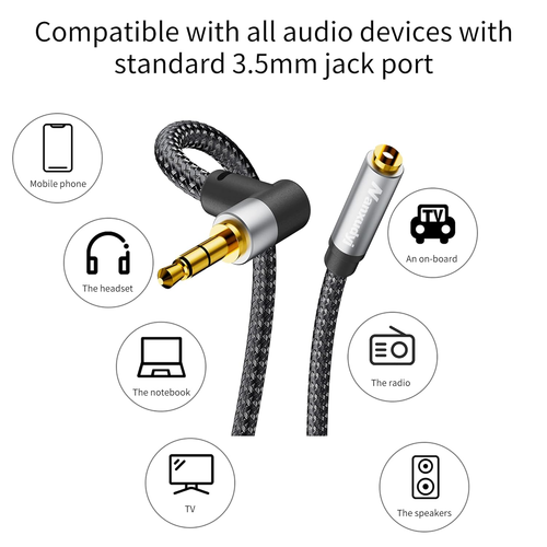 3.5Mm Male to Female 20Ft/6M Right Angle Stereo Audio Extension Cable Nylon Brai - Picture 3 of 7