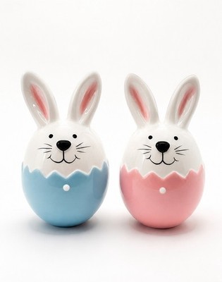 Bunny Egg Ceramic Pink & Blue Easter Salt & Pepper Shaker Set ~ Evergreen NEW