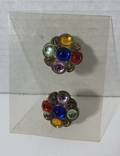 Vintage Gold Bronze Tone Floral Multi Color Simulated Stone Shoe Clips 1980s