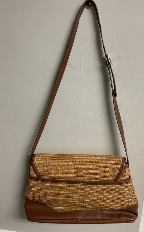 "Bolso de hombro Etienne Aigner bolso de mano cuero tostado y paja M 13""x8""" Foto 3 de 4