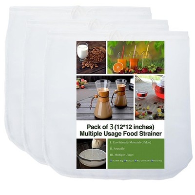 3 Pack - Ultra Fine Nut Milk Bag, 12X12 Inches, 80 12 Inch x 12 Inch, White 