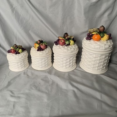Vintage Creative Imports Basket Weave Canister Set W/Majolica Style Fruit Lids 