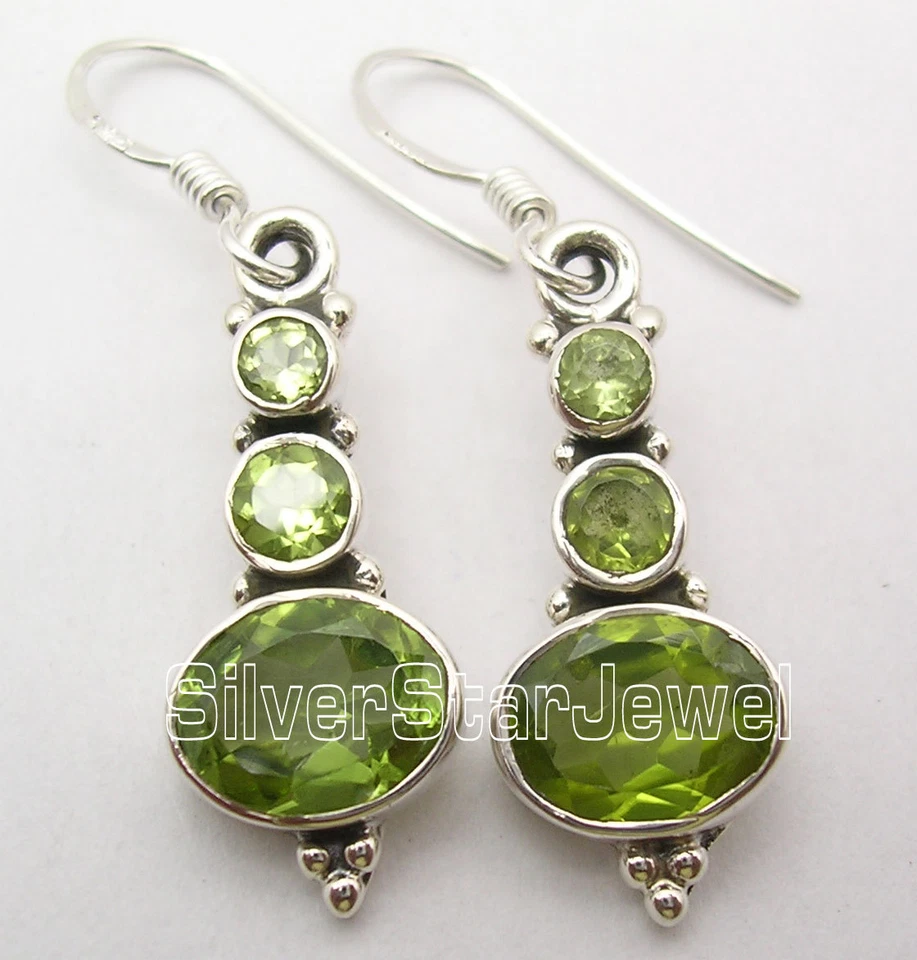 BEST OFFER UK 925 Sterling Silver PERIDOT Stone Dangle Earrings 1.5" - Image 2 of 3