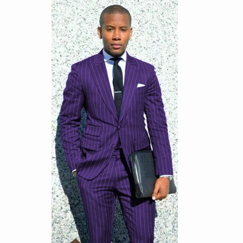 Striped Men's Suit Peak Lapel 2 Pcs Offical Business Wedding Groom Tuxedos Coat - Picture 20 of 26