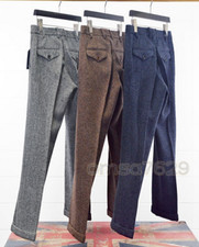 Vintage S-6XL Men's Tweed Herringbone Suits Retro Woolen Pants Cuffed Trousers
