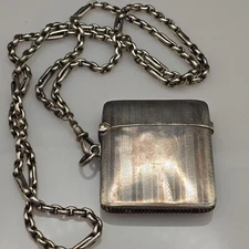 Antique Sterling Silver Vesta Case On Albert Chain Unique Necklace Dog Clip 925