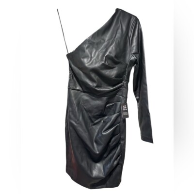 black leather dress express NWT Express One Shoulder Faux Leather Black Long Sleeve Bodycon Mini Dress  XS