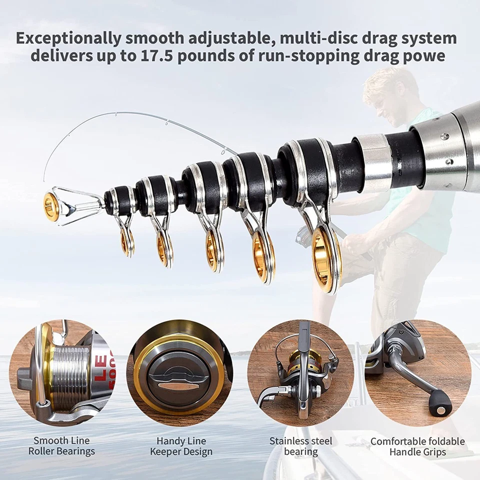 Carbon Fiber Telescopic Fishing Rod Pole Reel Combo Sea Saltwater Freshwater USA - Image 3 of 4