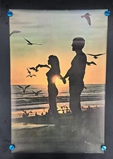 Vintage Original 1968 Young Lovers Birds Beach Ocean Sunset Poster Rolled 24x36