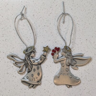 Vintage Gloria Duchin Pewter Christmas Ornaments Angels Set of 2 Wish Love