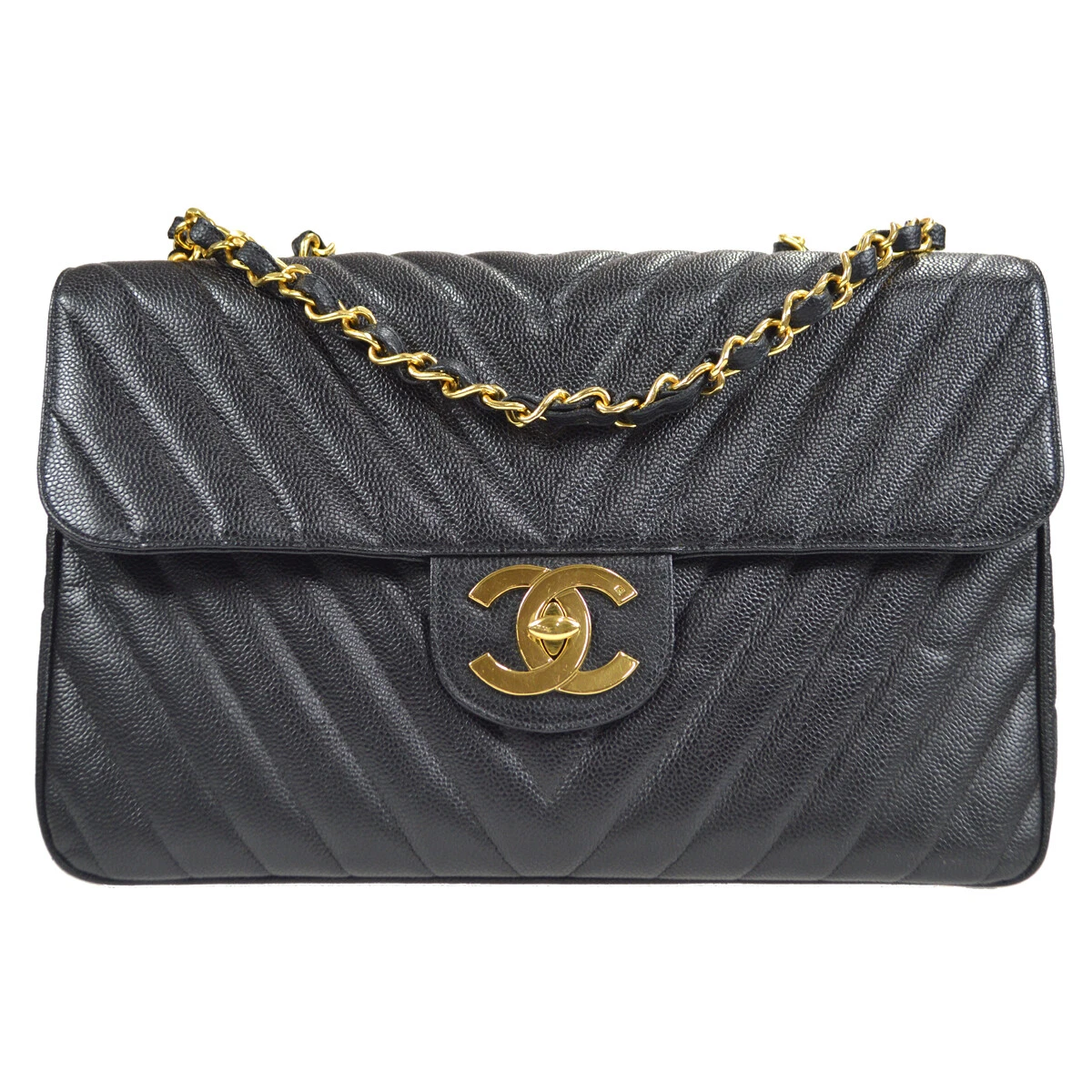 CHANEL V Stitches Classic Flap Maxi Chain Shoulder Bag Caviar 