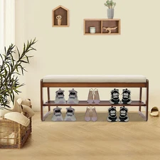 2-Tier Shoe Rack Bench with Seat Cushion Shoe Storage Organizer Entrtway Brown