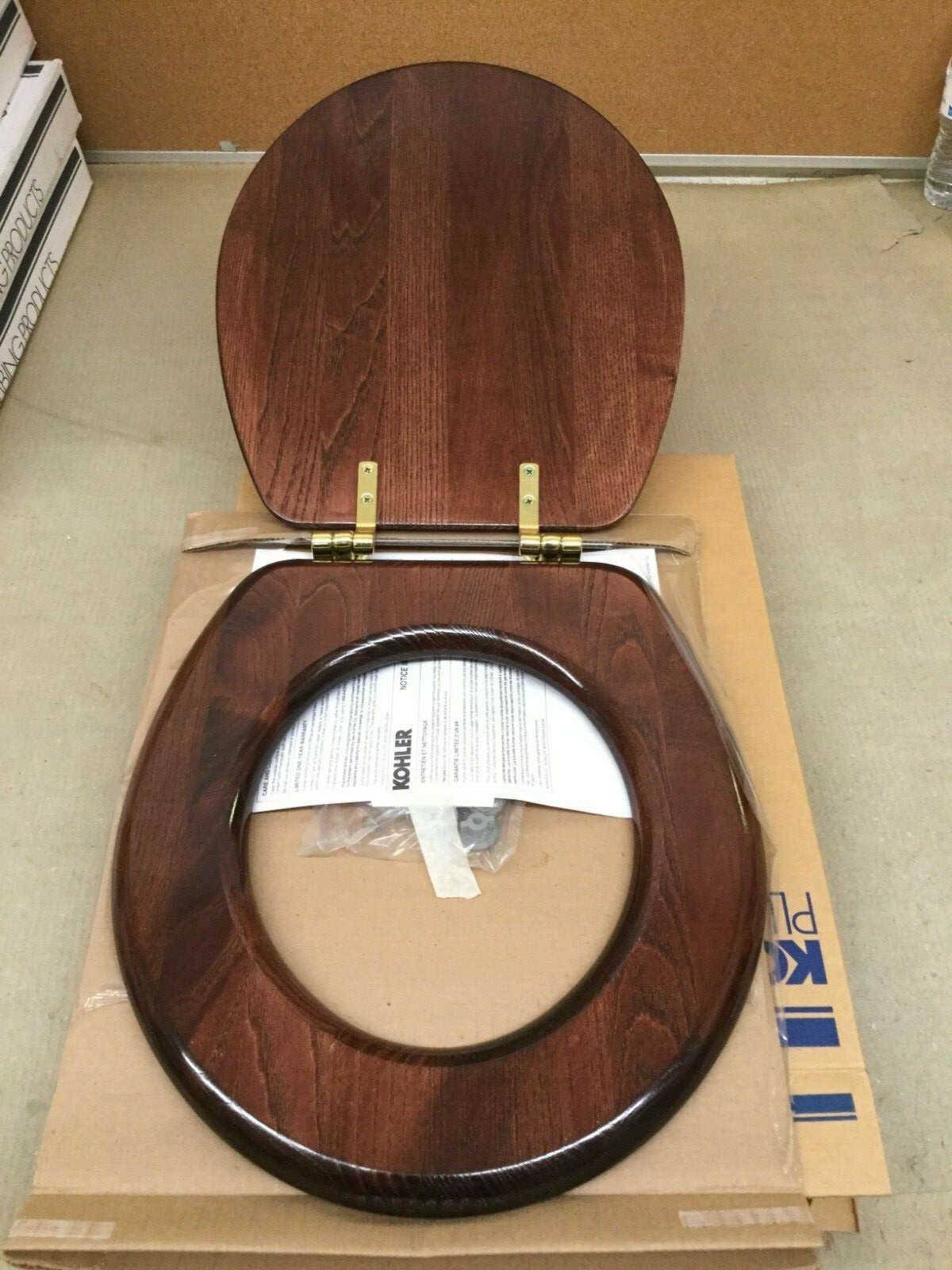 KOHLER K4756BRWD Vintage ROUND toilet seat, BRASS Hinges, MAHOGANY