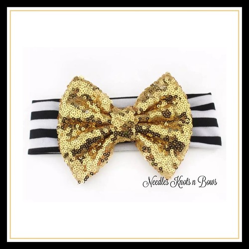 Girls Gold Sequin Bow on Black and White Elastic Headband, Baby Toddler Hair Bow - Picture 2 of 4