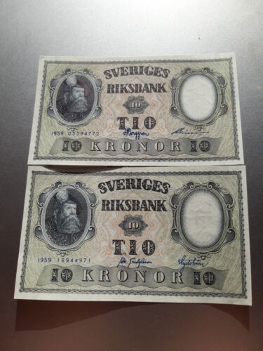 SUEDE suite de 2 billets de banque de 10 KRONOR 1959 UNC and consecutive numbers - Picture 1 of 2