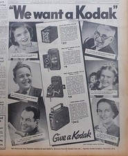 1937 newspaper ad for Kodak cameras - Christmas ad - movie, still cameras