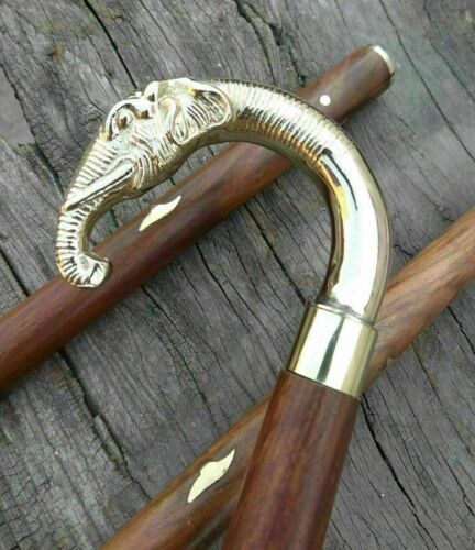 Solid Brass Elephant Head Handle Antique Wooden Walking Stick Cane Vintage Gift - Picture 1 of 4