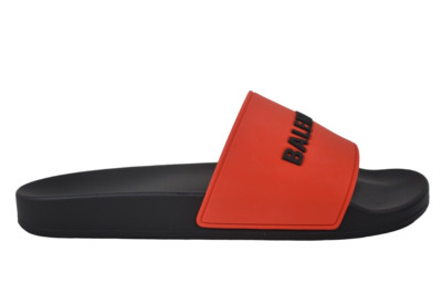 Balenciaga Black Red Bicolor Rubber Logo Slide Pool Sandal