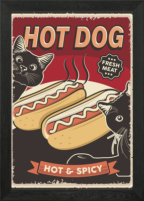 Lustige Retro Katze Hot Dog 4 gerahmte Wandbilder Poster Leinwanddruck Bild