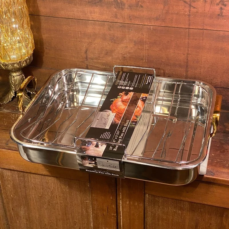 David Burke Stainless Steel Roasting Pan 18" x 14" w/ Rack ~ Gold Handles ~ NEW
Opens in a new windo