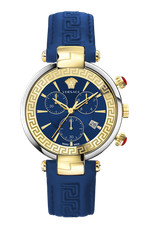 Versace Watch Revive Chrono Blue Dial Gold Steel 41mm Quartz Leather Strap WR
