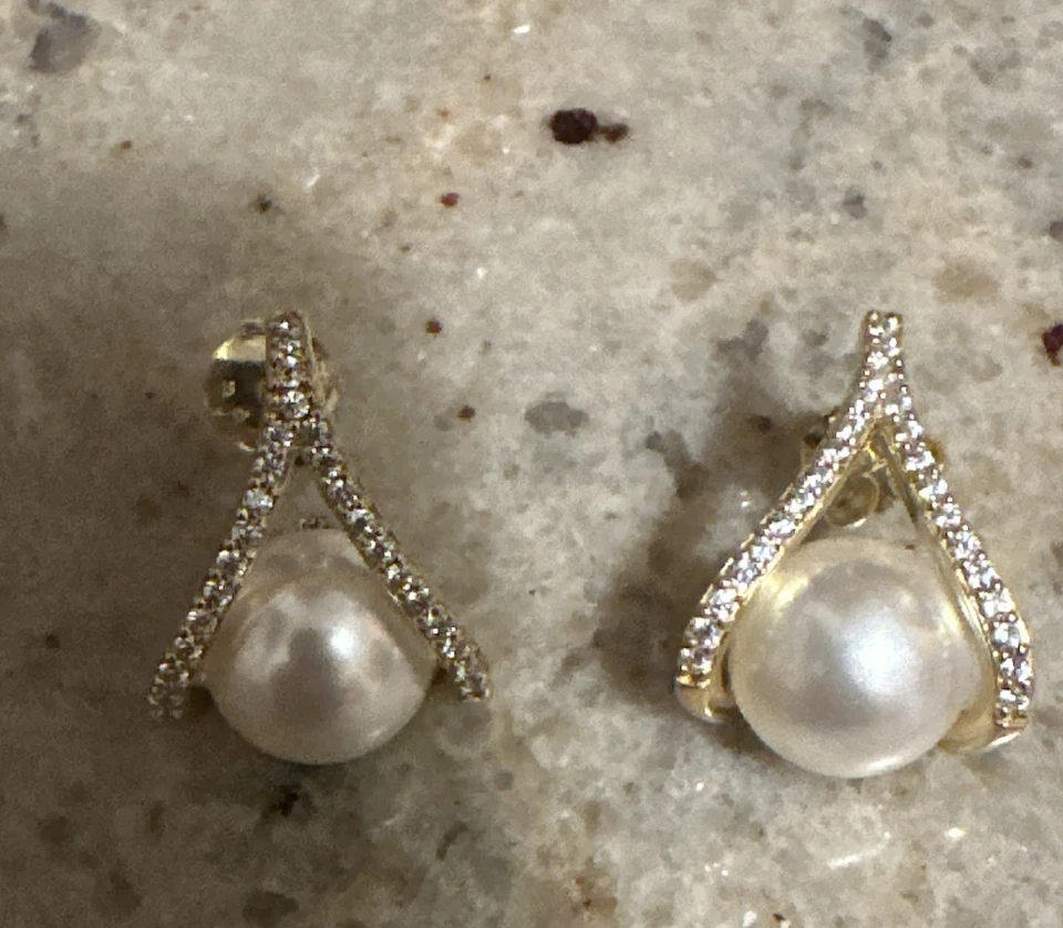 Ohrringe Silber vergoldet mit Perlen, Zirkonia, Omega- Clipverschluss, 20x14,5mm