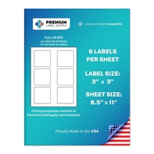 White Sticker Square Labels – 3" x 3" – Laser/Inkjet Compatible – (6 per Shee...