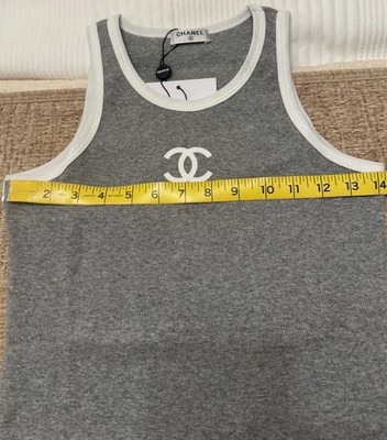 CHANEL Gray White Logo Knit Cotton Women's Sleeveless Tank Top