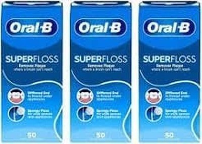 Oral-B Super Floss Dental 3er Pack 50 vorgeschnittene Strähnen Blau Nylon Neu