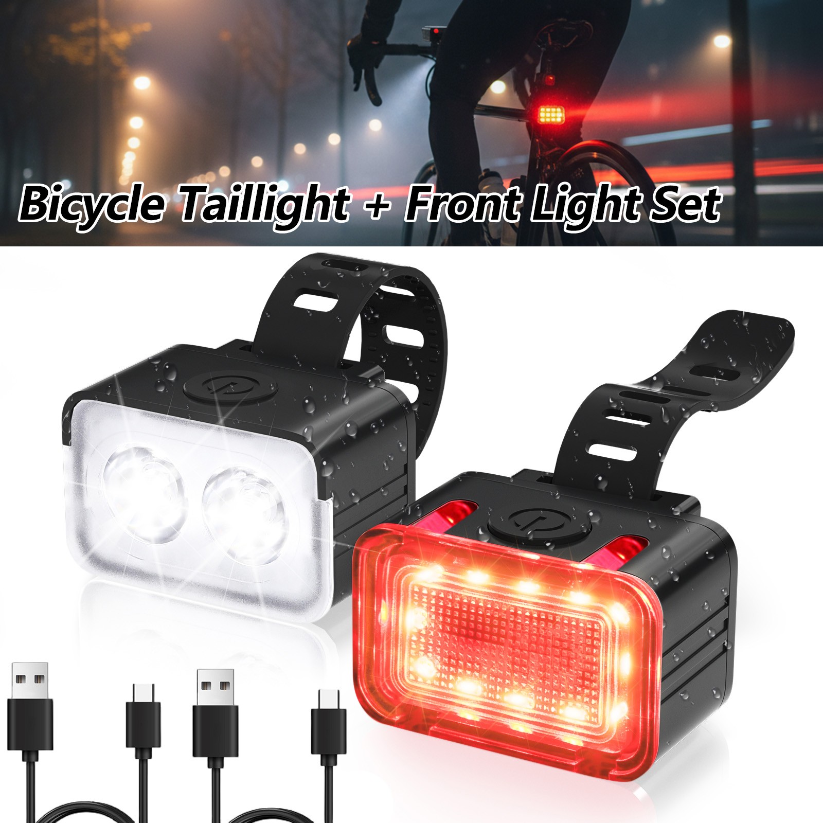 Super Bright LED Bike Light USB Rechargeable Bicycle Front & Rear Headlight Set