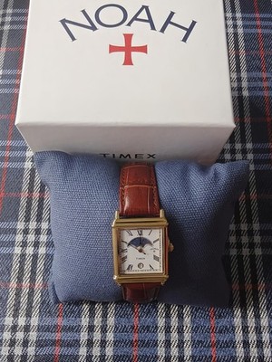 Timex x Noah Moon Phase Date Quartz Rectangular Gold Case Brown Leather Watch
