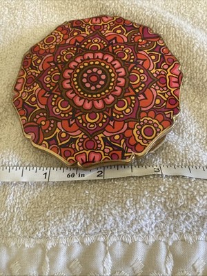 Vintage Gold Tone, Metal, Compact Mirror With Colorful Mandala Pattern