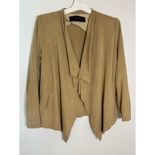 Zara Basic Faux Suede Draped Open Front Jacket Tan Camel Asymmetrical Size M