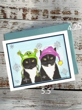 Cute Tuxedo Cats in their winter holiday hats, Christmas, notecard #0418