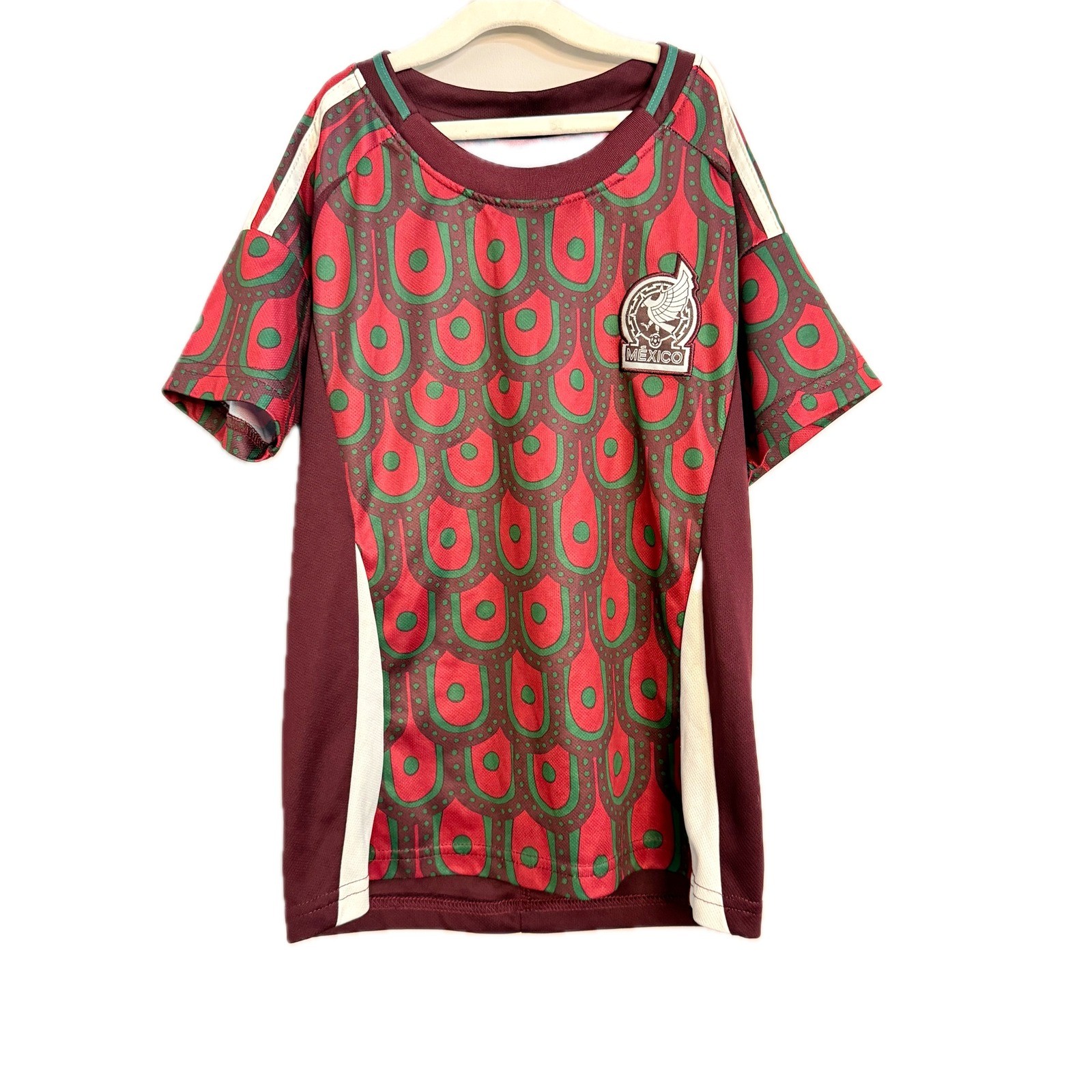 Mexico Soccer Jersey Kids Size 22 Green Red Feather Print Short Sleeve