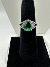 STERLING SILVER PEAR SHAPED LAB CREATED EMERALD & CZ RING SZ 4.75