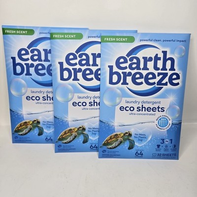 Earth Breeze Laundry Detergent Sheets Fresh Scent 32 Sheets Lot of 3 96 Sheets