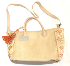  350 New ISABELLA FIORE Shoulder Bag Tote LINEN Embroidered Sides Tassel Beige