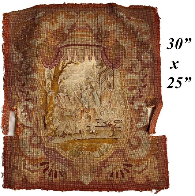 Antique French Needlepoint Petitpoint Cavalier Figural Chair Back Throw Pillow Antique French Needlepoint Petitpoint Cavalier Figural Chair Back Throw Pillow