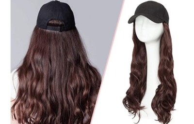Long Body Wave Hat Wig Red Wine Hair Black Baseball Cap