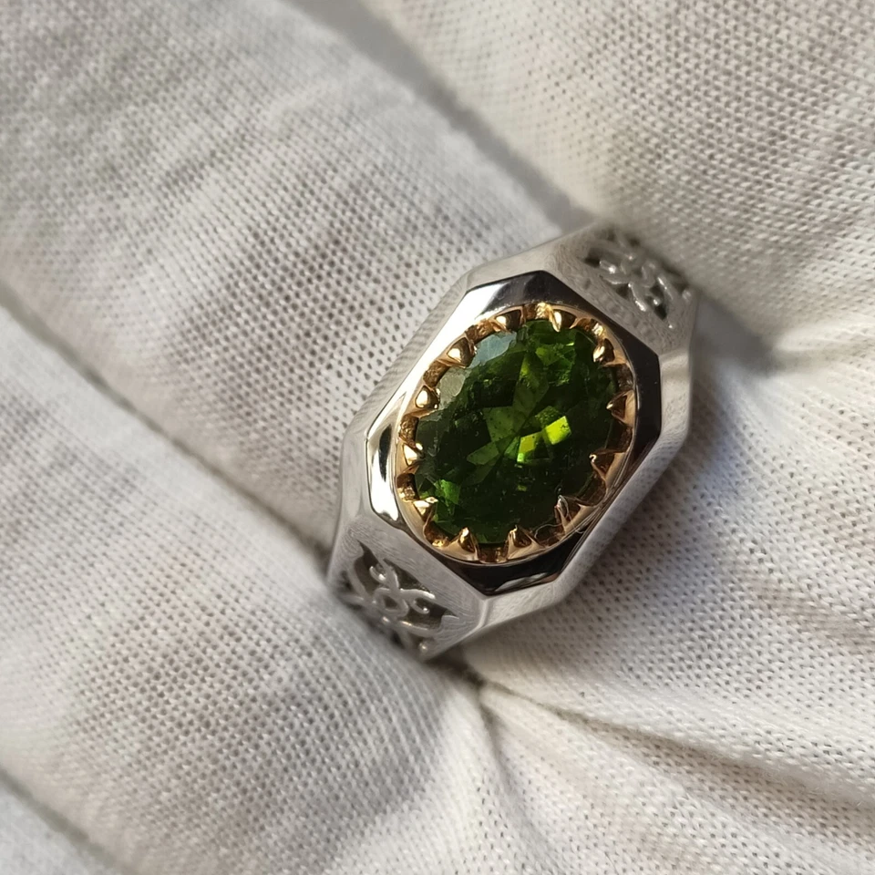 925纯银认证男式稀有天然橄榄石男士礼品戒指 — 第 2/4 张图片