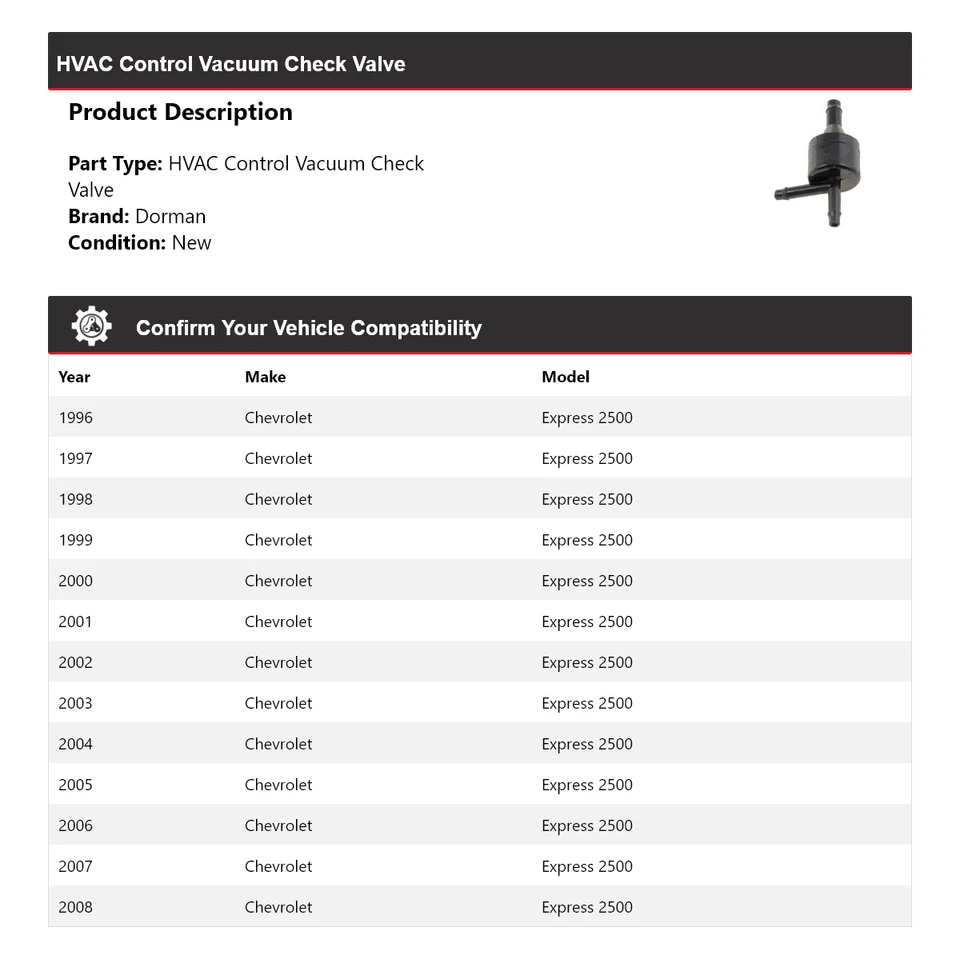 Válvula de retención de vacío de control de climatización para Chevrolet Express 2500 Dorman 1996-2008 1997 Foto 2 de 4